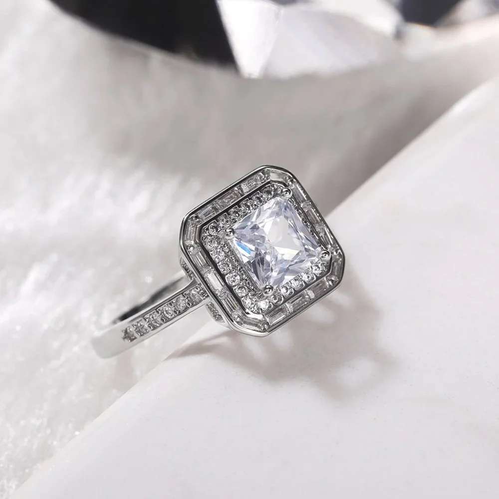 😍Luxury Engagement Clear Gem CZ Large Square Noble Thin Wedding Ring, K864